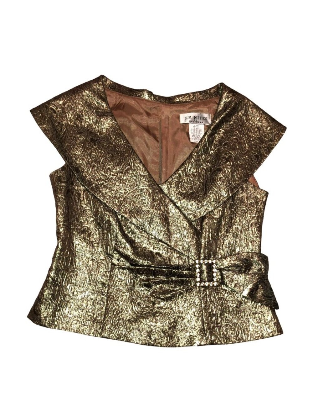 VTg J.R. Nites Gold Brocade Blouse Sz 11 USA Jeweled Buckle Detail Rear Zipper